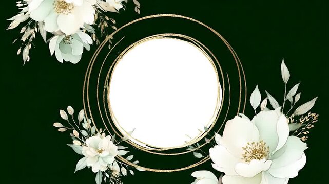 Elegant white floral circular frame with ivory petals surrounding a bright central opening on dark green background
