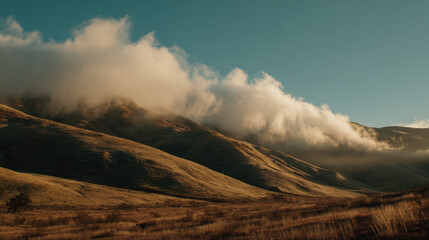 Rolling hills under golden light with clouds floating above