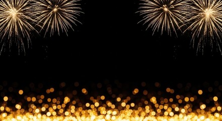 Golden fireworks explosion and bokeh lights border on black background for celebration and holiday design