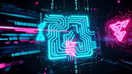 Neon circuit board design with binary code - Powered by Adobe