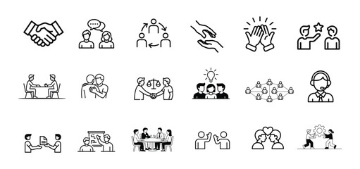 Obraz premium Teamwork & Collaboration Outline Icon Set — Business Meeting, Partnership, Support, Communication Vector