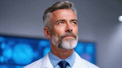 Alzheimer detection primary care involves experienced male doctor with gray hair and beard looking thoughtful medical office