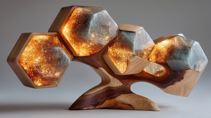 Unique wooden sculpture with glowing crystal features designed for modern home decor