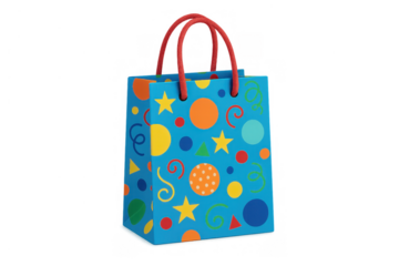 Blue gift bag features vibrant circles, stars, and swirls, representing festive occasions and joyous events