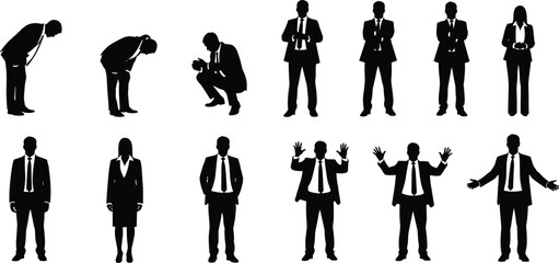 Collection of black silhouettes of business people in various poses and actions woman