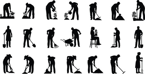 Collection of black silhouettes of people gardening and performing outdoor tasks © Ambia Art