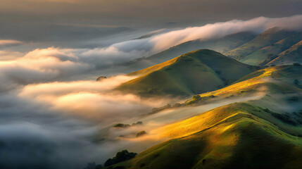 Rolling hills and clouds bathed in golden hour sunlight