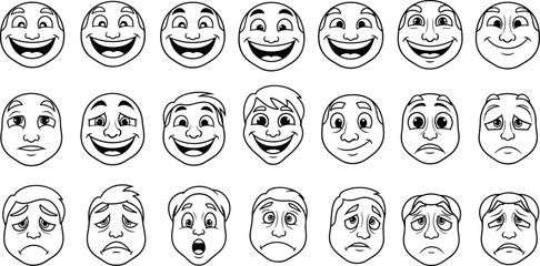 Collection of cartoon faces showing various emotions like happiness sadness surprise and worry