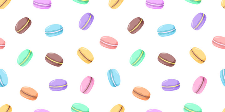 Cartoon colorful macaroon cookies Seamless pattern. Vector background wallpaper sweet dessert.