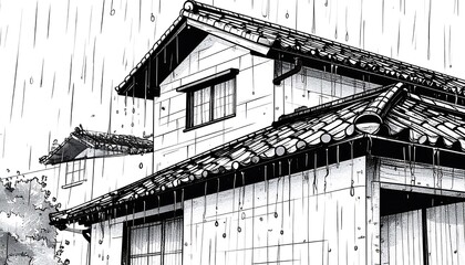 Detailed manga illustration of traditional Japanese buildings in heavy rain, rendered in black and white