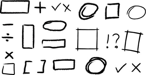 Hand drawn math symbols and shapes on white background