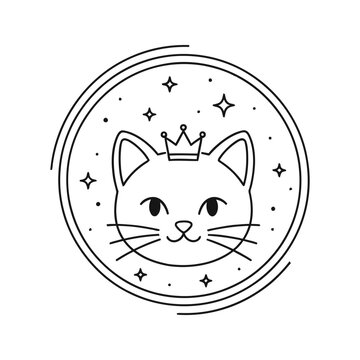 Cute cartoon white cat wearing a pink crown and surrounded by stars and circles simple line art illustration