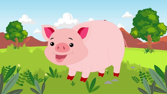 Cute Cartoon Pig Standing in a Green Field Under a Bright Blue Sky 