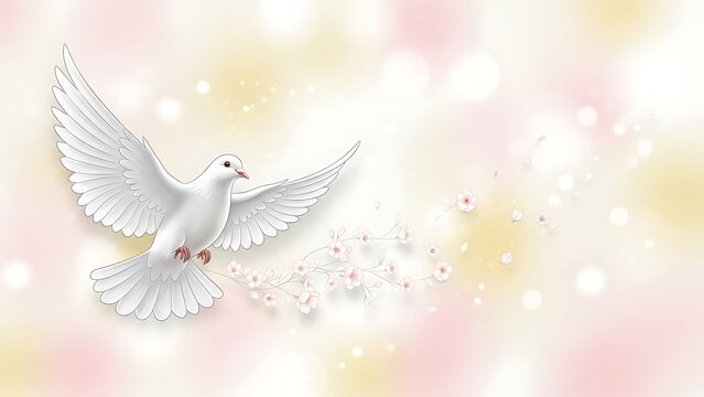 Elegant white dove in flight with cherry blossoms, conveying peace, love, and hope, perfect for weddings, memorials, and spiritual events - Powered by Adobe