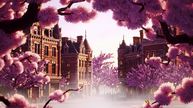 Enchanted Gothic Campus Quad Framed by Pink Blossoms and Misty Haze