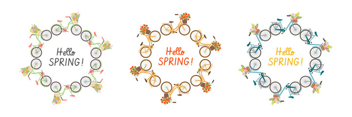 Cute Ladies bicycles with baskets of spring flowers in round frame. Round frames made from women's bicycles with inscription Hello Spring! Perfect for covers, greeting cards, and social media. 