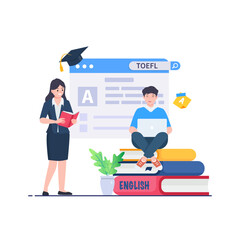 Illustration of TOEFL exam concept. English online study. Illustration for websites, landing pages, mobile apps, posters and banners.