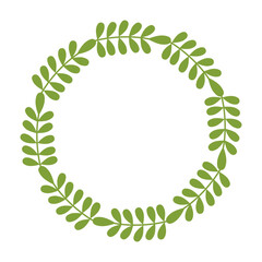 Delicate green foliage on branches in round frame. Green wreath with copy space. Perfect for covers, postcards, greeting cards, and social media. Vector illustration of cute green twigs.