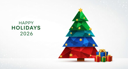 Geometric Christmas tree with polygonal design in green, blue, red, and star ornaments, with gift boxes, against a bright background, holidays concept