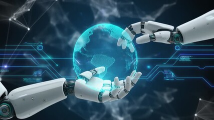 Robotic hands interacting with a digital globe, representing artificial intelligence and global connectivity, future technology - Powered by Adobe