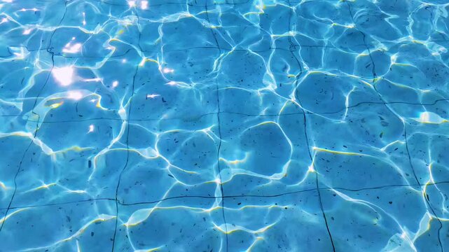 Abstract texture of crystal clear blue swimming pool water surface rippling with bright caustic sunlight reflection moving over the tiled bottom background during a hot sunny summer day.
