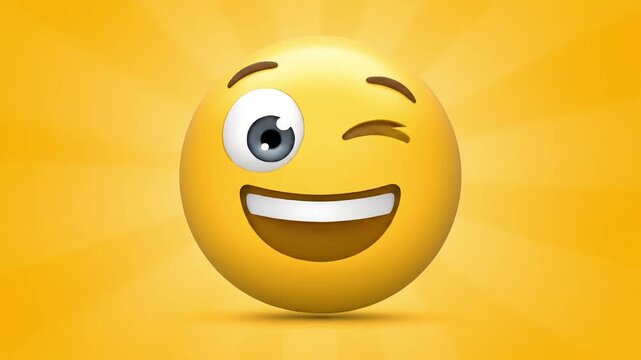 Winking emoji playfully animating on a vibrant yellow background, perfect for expressing lighthearted fun and digital connection in social media content - Powered by Adobe