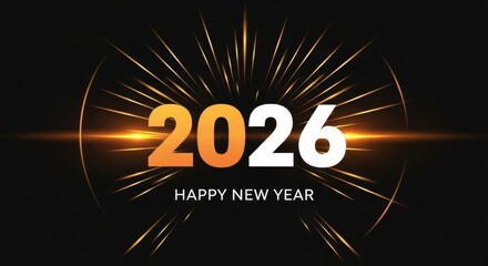 Happy new year 2026 celebration graphic with glowing orange and white text against a dark background with light burst effect