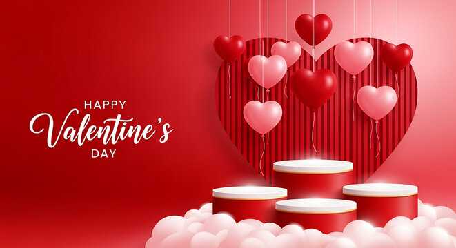 Happy Valentines Day Red Heart Balloons and Pedestals on Red Background love - Powered by Adobe