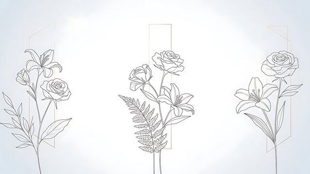 Elegant floral line art with lilies and roses for sophisticated designs, perfect for invitations, branding, and modern minimalist projects