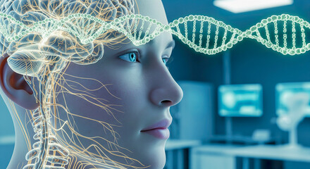 Hyperrealistic portrait showing the fusion of human consciousness and genetics. A woman's face with a visible brain and nervous system connected to a DNA helix. Concept of biotech and neuroscience.