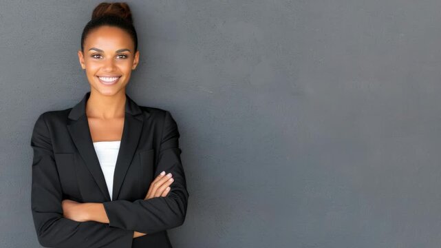 A woman stands confidently with her arms crossed, exuding a sense of self-assurance in a professional setting