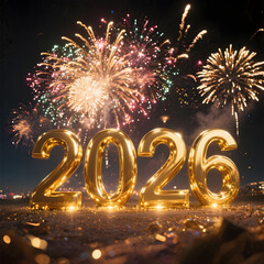 Golden 2026 digits with grand fireworks lighting up the sky for a premium New Year celebration scene.