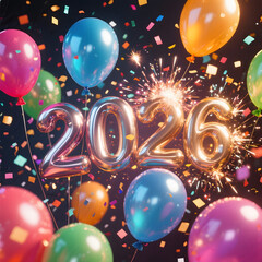 A cheerful 2026 New Year composition with balloons, confetti, and vibrant celebratory details.