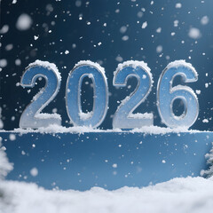 Elegant blue and silver New Year design featuring snowfall and crisp metallic numbers.