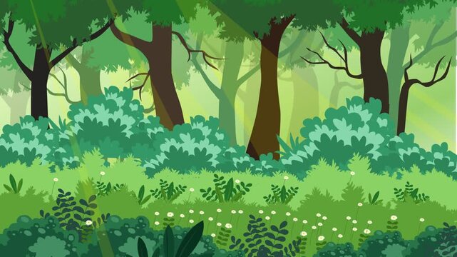 Peaceful Forest Animation Scene With Lush Greenery, and Trees