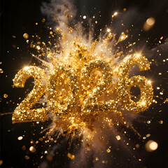 Shiny gold glitter shapes the year 2026 in a dramatic festive explosion.