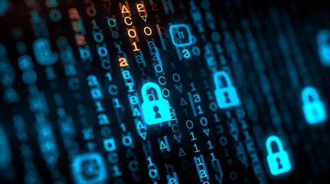 Blue digital screen with glowing padlock icons, data encryption patterns, binary code and cybersecurity interface elements symbolizing protection and privacy.