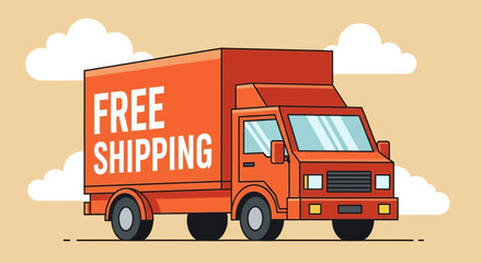Illustration of an orange delivery truck with free shipping text on side