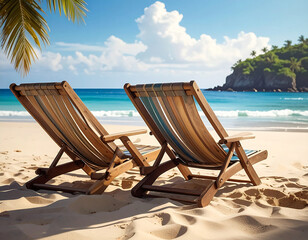 Beach chairs inviting relaxation under a sunny sky with gentle waves lapping at the shore