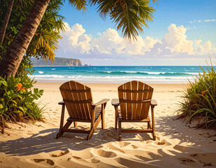 Two beach chairs inviting relaxation by the seaside under a clear blue sky on a sunny day