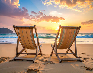 Beach chairs at sunset representing friendship and relaxation by the seaside