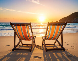 Bright beach chairs on the shore at sunset inviting rest and companionship by the ocean waves