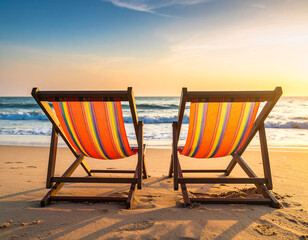 Colorful beach chairs watching the sunset by the ocean symbolizing companionship and relaxation