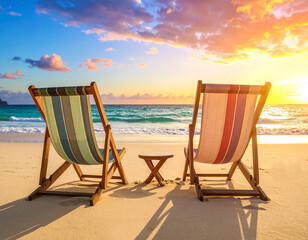 Seaside chairs watching sunset together at the beach during a tranquil holiday getaway