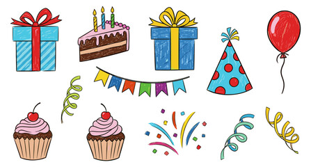 Cheerful hand-drawn birthday party celebration elements including festive gift boxes delicious cake slice with lit candles a red balloon sweet cupcakes vibrant streamers and decorative bunting on a