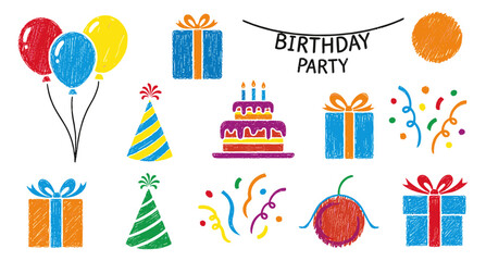 Vibrant scribble-style birthday celebration collection featuring cheerful balloons, festive gift boxes, a delicious cake, playful party hats, and scattered confetti, perfect for joyful event