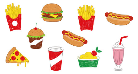 Hand-drawn sketch style fast food collection featuring popular items like burgers, fries, hot dogs, pizza, desserts, and drinks, perfect for vibrant design projects and casual menus