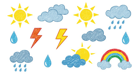 A vibrant collection of hand-drawn weather symbols in a charming crayon style featuring sunny days rain clouds lightning bolts and a colorful rainbow perfect for educational design and children's