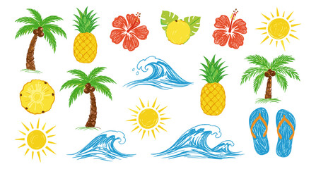 Vibrant hand-drawn tropical summer collection featuring exotic fruits, lush palm trees, refreshing ocean waves, bright suns, and playful beach flip-flops, perfect for vacation and travel designs