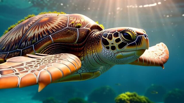 Majestic green sea turtle gliding through clear blue ocean water with sunlight rays in a cinematic 3D animation, symbolizing marine wildlife conservation concepts.